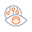 Graphic icon: eye with circuit board pattern, grey and orange.