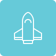 White outline rocket graphic on teal.