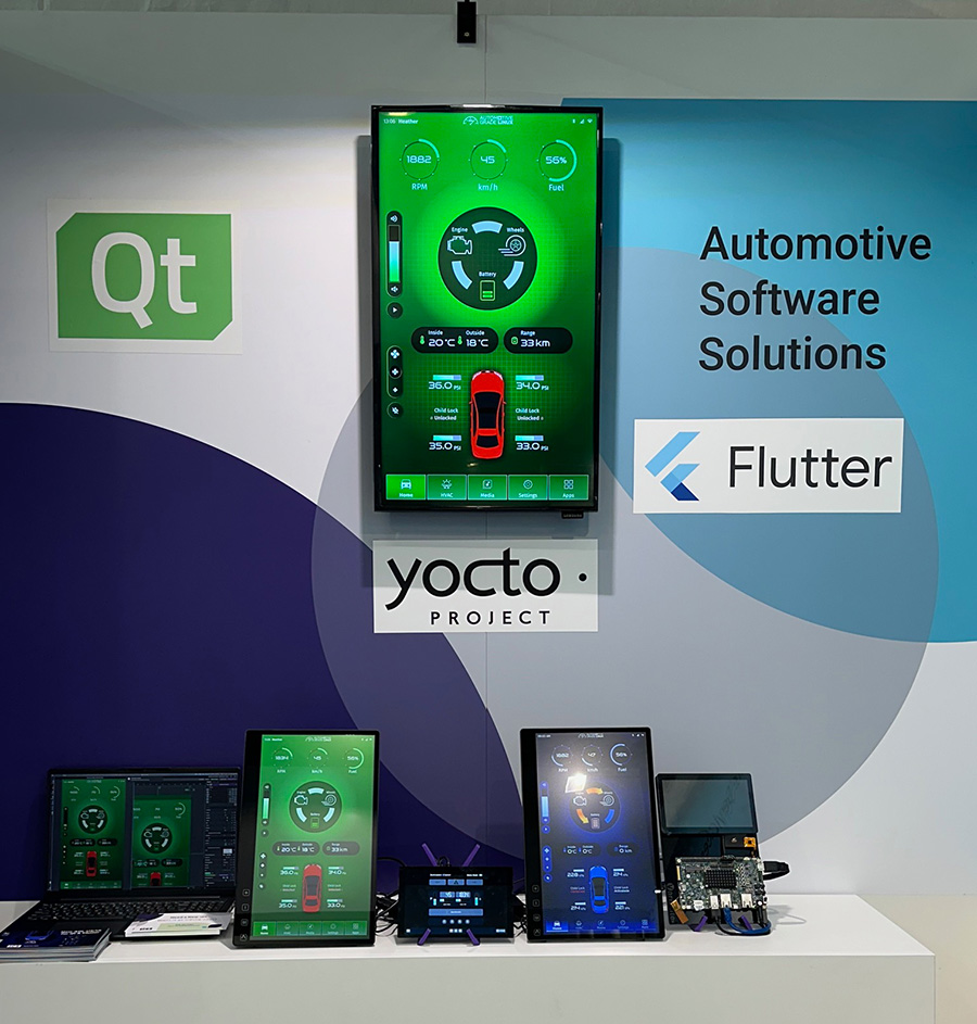 ICS designed and developed a fresh UX/UI for Automotive Grade Linux’s in-vehicle infotainment (IVI) system demo in both Flutter (blue) and Qt (green), demonstrating AGL’s flexibility when it comes to user interface toolkits. 