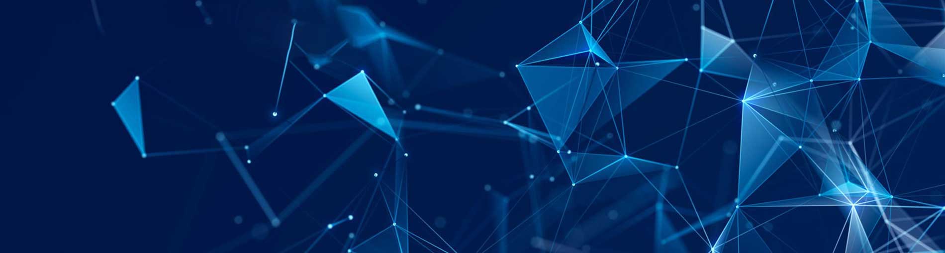 Digital network of blue glowing lines and triangles.