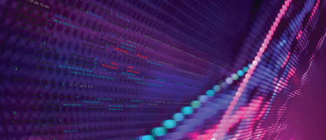 Abstract graphic with glowing blue and pink data streams on a purple background.