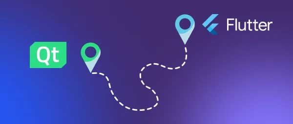 Graphic: Qt logo with green pin, connected by dashed line to Flutter logo with blue pin.