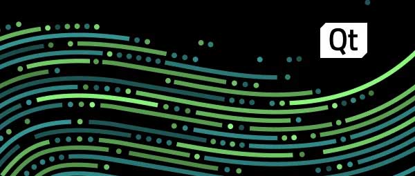 Qt logo over abstract green and teal flowing lines with dots on black background.