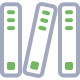Graphic of three stylized binders, light grey with green labels, one tilted.