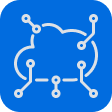 Graphic: White cloud outline with network connections on blue.