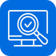 Graphic: Computer monitor, magnifying glass with a checkmark.