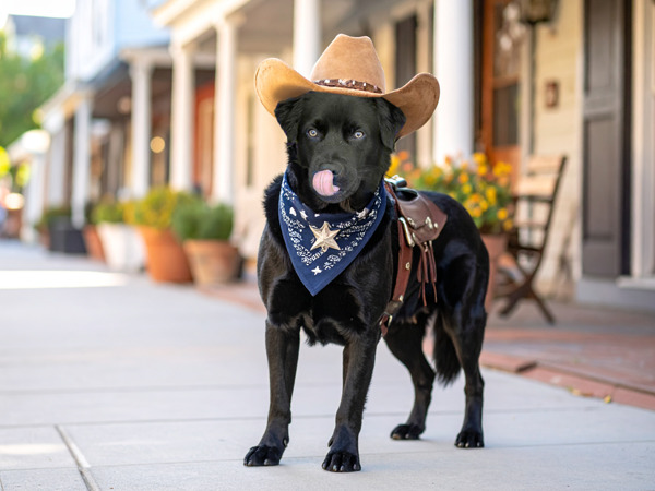 Black dog in cowboy hat and bandana on a sunny street.