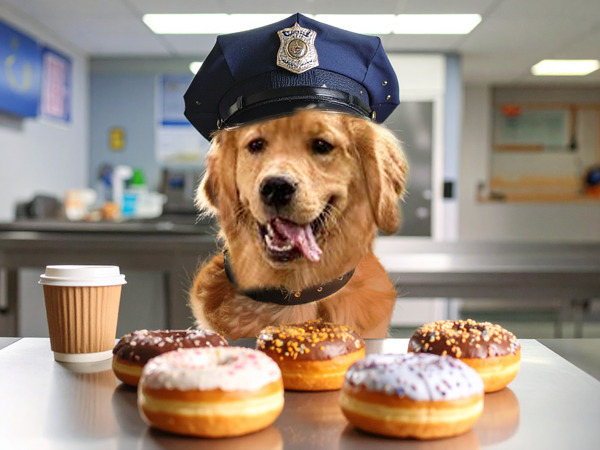 Golden retriever in police hat with donuts on a table.