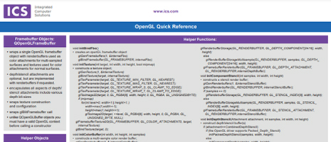 ICS OpenGL Quick Reference guide displaying features and basic functions.