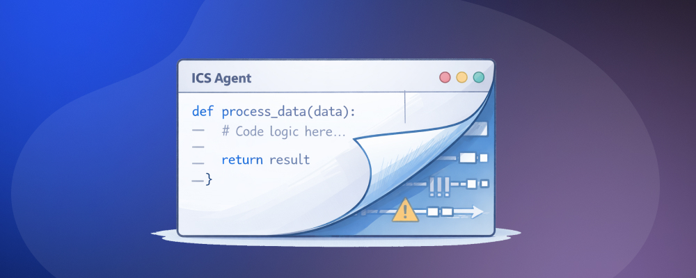 Code editor window with Python code peeling back to reveal a warning triangle.