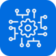 Graphic: White gear icon with connected circuit lines on blue.