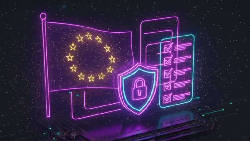 Digital graphic of glowing EU flag, shield with padlock, and compliance checklist.