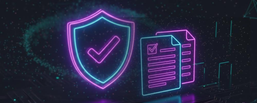 Abstract illustration in purple and blue with lock denoting cybersecurity