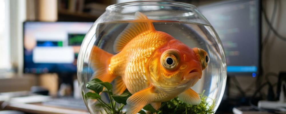 Goldfish in bowl on desk