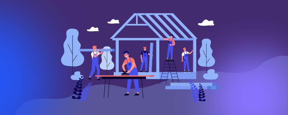 Illustration of a construction workers building a house