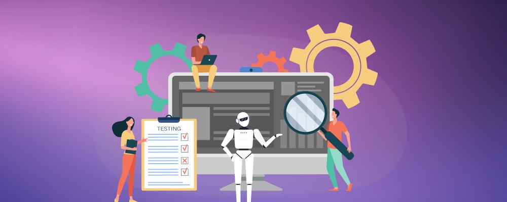 Illustration of software testers working with AI