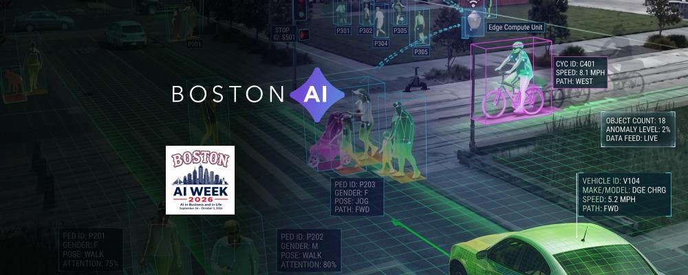AI graphic, Boston cityscape with pedestrians, cyclist and car highlighted by object detection.