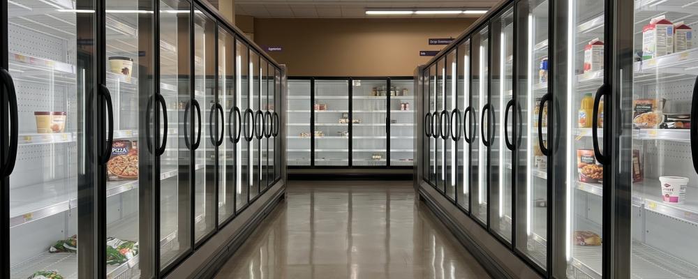 Empty or sparsely stocked grocery store refrigerator aisle with glass display cases.