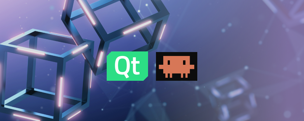 Graphic: Qt logo and pixelated alien on a futuristic background with glowing network cubes.