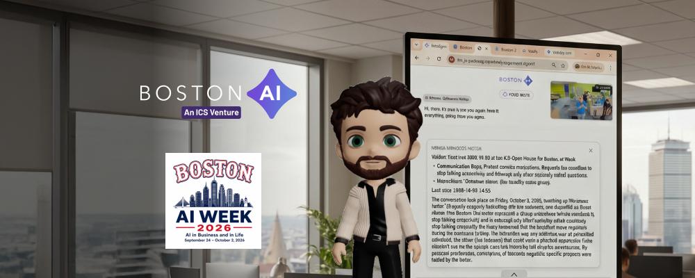 Cartoon man in an office with Boston AI and Boston AI Week 2024 logos, and a screen showing text.