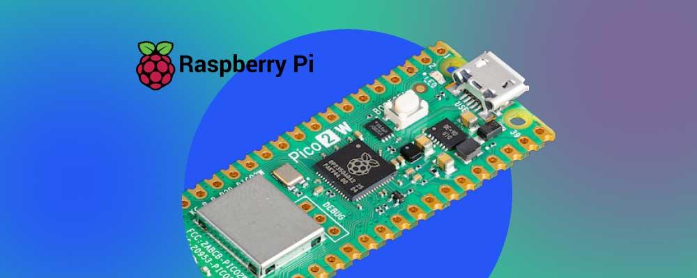 Raspberry Pi Pico W circuit board on a blue-purple background, with Raspberry Pi logo.