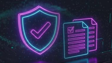 Abstract illustration in purple and blue with lock denoting cybersecurity