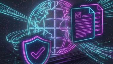 Blue and purple illustration of a globe and clipboard indicating EU Cyber Resilience Act