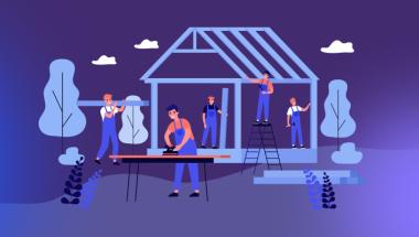 Illustration of a construction workers building a house