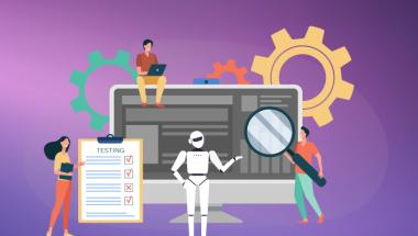 Illustration of software testers working with AI