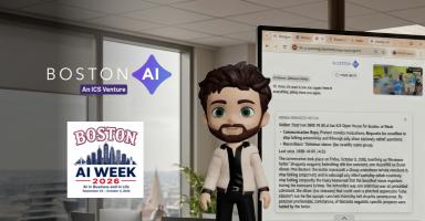 Cartoon man in an office with Boston AI and Boston AI Week 2024 logos, and a screen showing text.