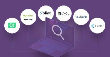 Graphic: Laptop with magnifying glass, surrounded by logos for Qt, Greengrass, Splint, LVGL, TouchGFX, Flutter.