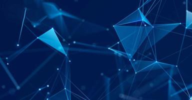 Digital network of blue glowing lines and triangles.