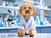 A poodle in a lab coat sits on a laboratory counter, surrounded by flasks and a microscope.