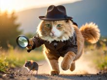 Cat detective with magnifying glass chasing a mouse outdoors in sunlight.
