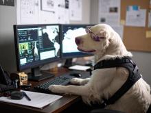 Dog wearing glasses and harness sitting at a desk with computer monitors.