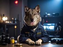 Dog in a detective outfit sits at a desk with cameras and lenses.