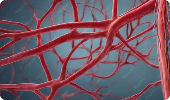 Close-up graphic of intertwined red blood vessels.