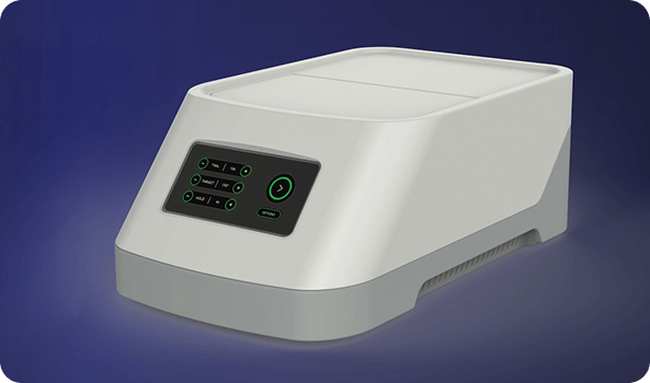 Light gray electronic device with a dark control panel and green power button.