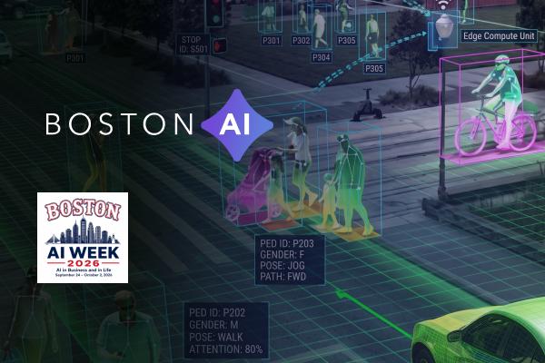 AI graphic, Boston cityscape with pedestrians, cyclist and car highlighted by object detection.