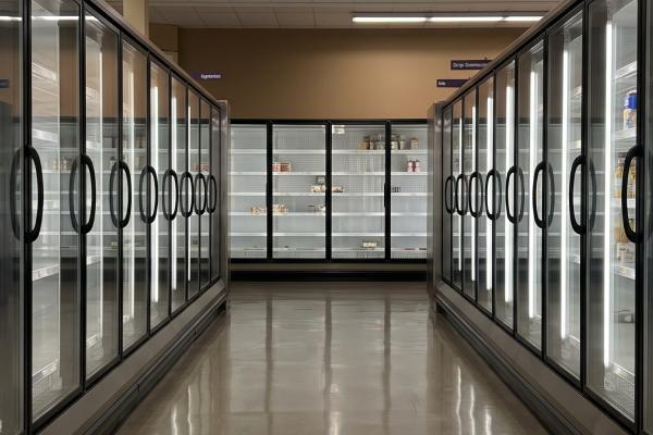 Empty or sparsely stocked grocery store refrigerator aisle with glass display cases.