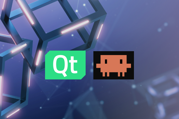 Qt logo next to a pixel art creature on a background of glowing cubes.