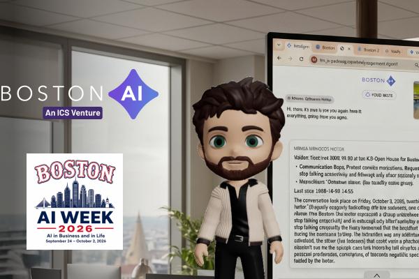 Cartoon man in an office with Boston AI and Boston AI Week 2024 logos, and a screen showing text.
