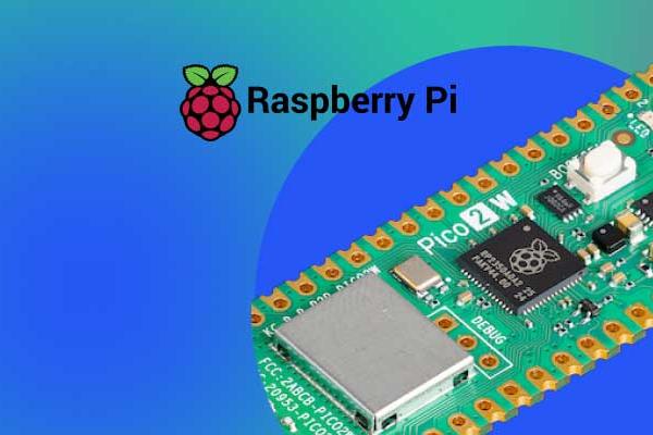 Raspberry Pi Pico W circuit board on a blue-purple background, with Raspberry Pi logo.